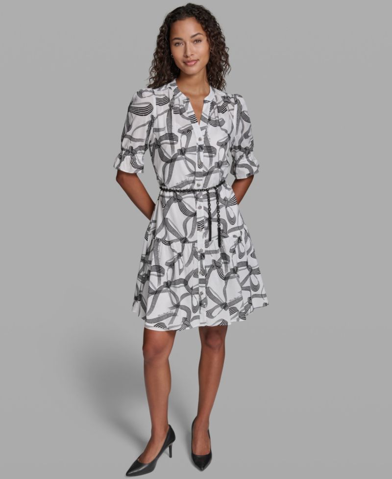 Women's Printed Belt Collared Dress