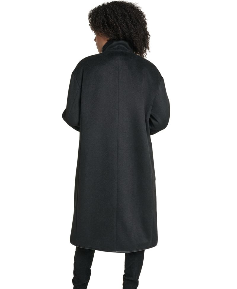 Women's Wool-Blend Faux-Leather Trimmed Funnel Neck Long Coat