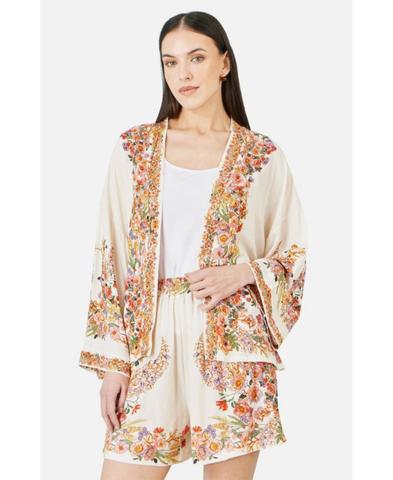 Women's Viscose Floral Border Belted Jacket