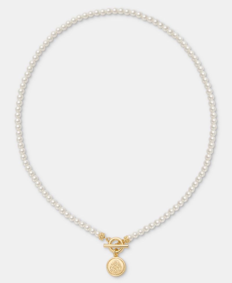Gold-Tone Glass Pearl Coin Pendant Necklace
