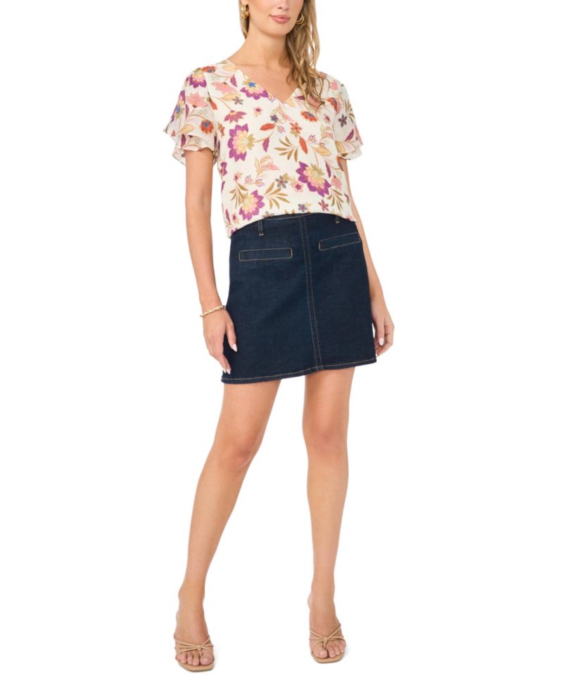 Women's Printed V-Neck Ruffle Seam Top