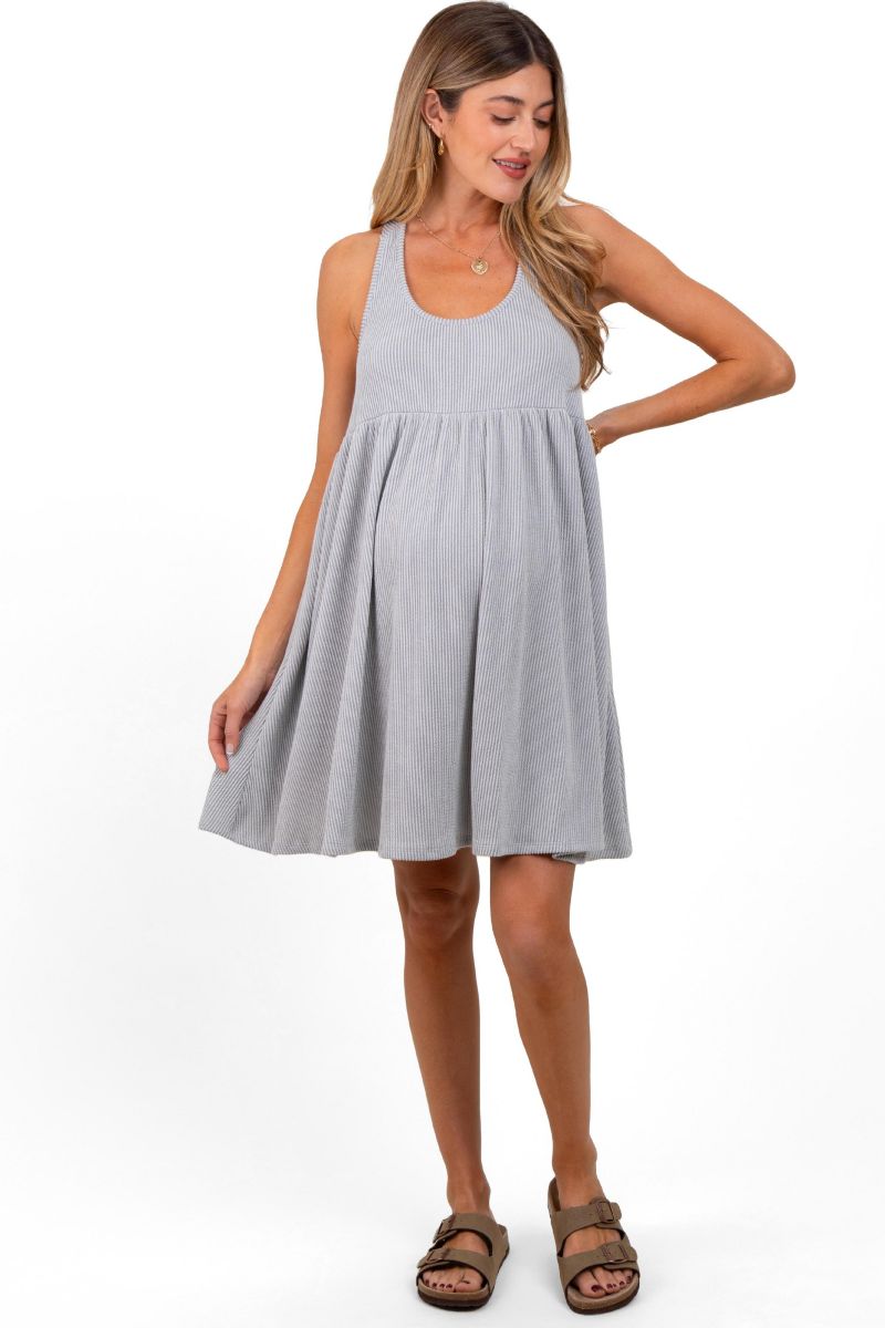 Women's Blue Ribbed Sleeveless Open Back Midi Dress