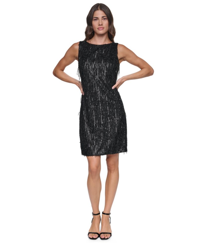Women's Sequin Jewel Neckline Shift Dress
