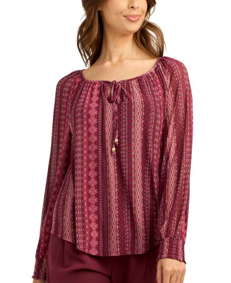Juniors' Printed Mesh Smocked-Sleeve Peasant Top