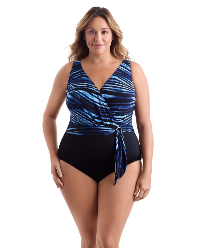 Women's Paper Mache Belted Surplice Long Torso One-Piece Swimsuit