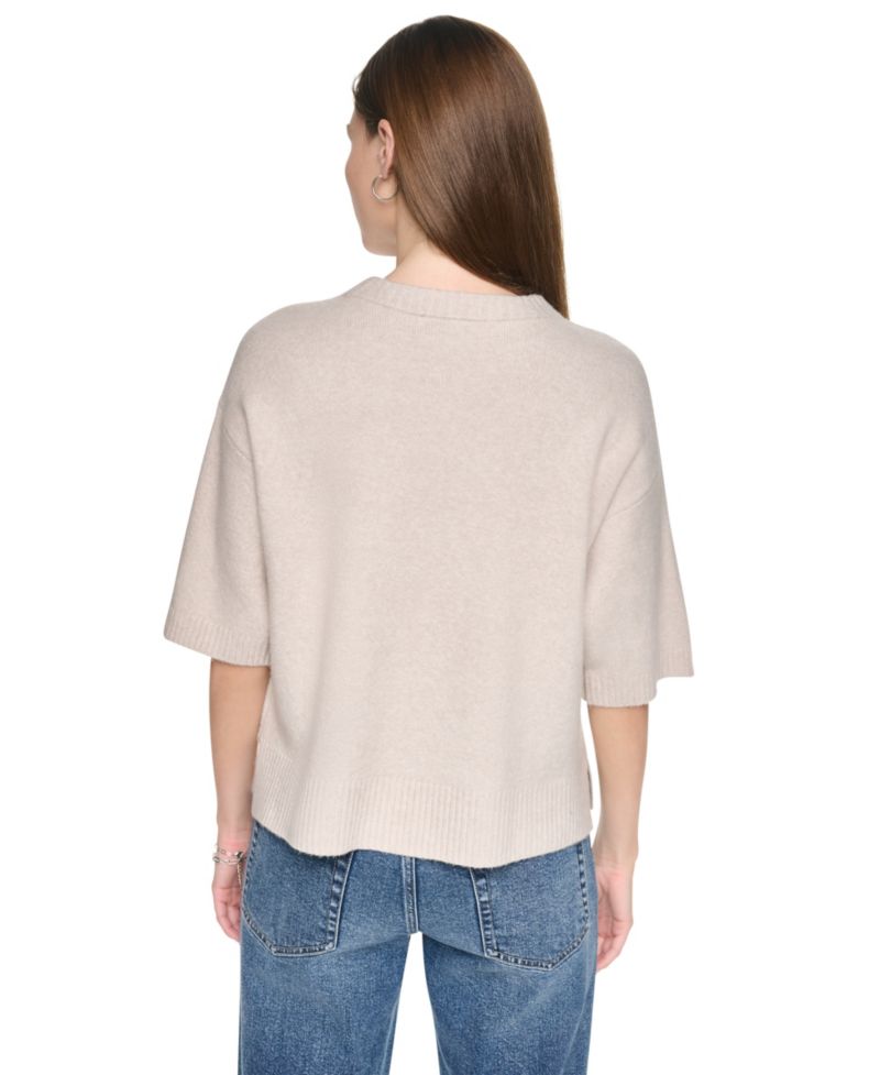 Women's Rugby Boxy Side Slits Short-Sleeve Crewneck Sweater