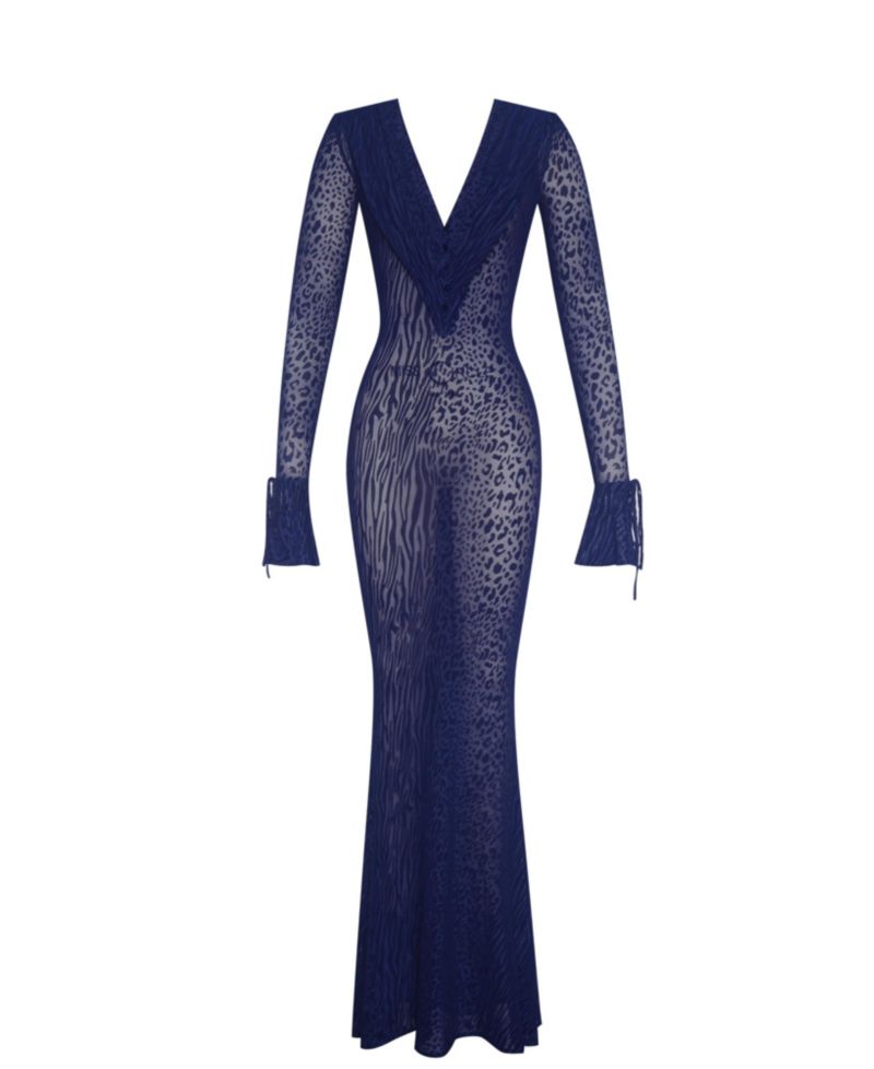 Women's Ilyse Navy V-Neck Plunge Animal Print Mermaid Hem Maxi Dress