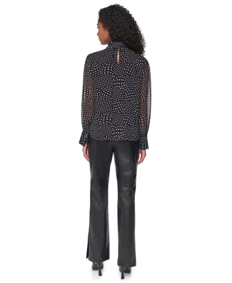 Women's Mock Neck Long Sleeve Polka Dots Blouse