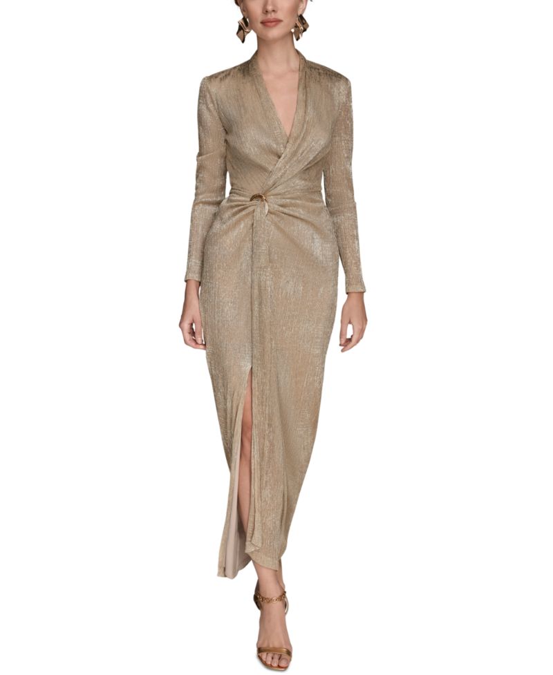 Petite Metallic Long-Sleeve Wrap Dress