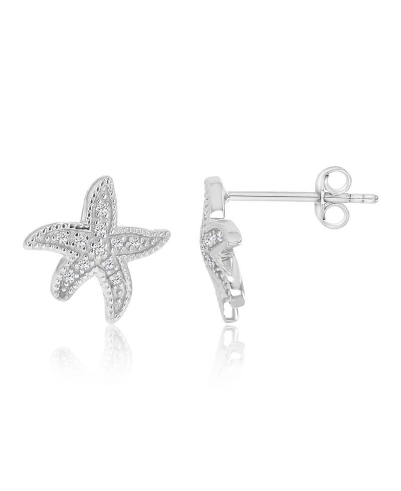 Created White Sapphire Star Fish Stud Earrings in Rhodium Over Sterling Silver
