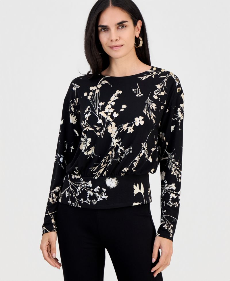 Petite Printed Crew-Neck Banded-Hem Top
