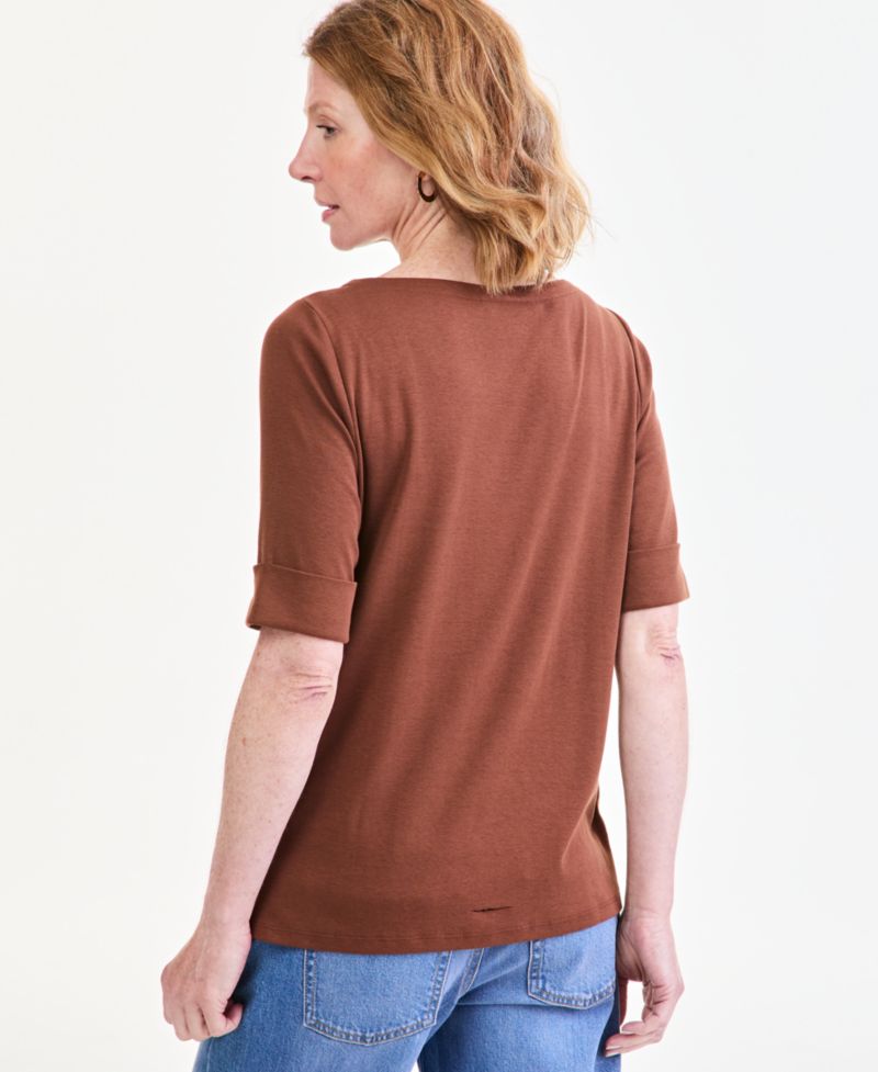 Petite Cotton Elbow-Sleeve Boat-Neck Top