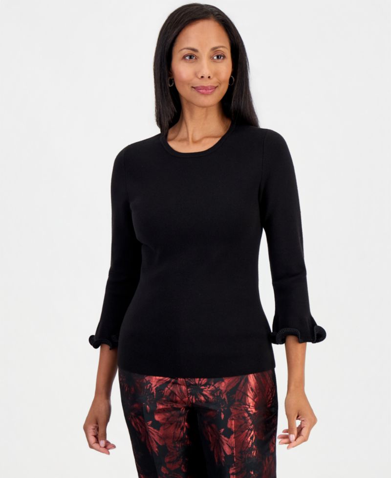 Petite Crew Neck Sculptural Cuff 3/4-Sleeve Sweater