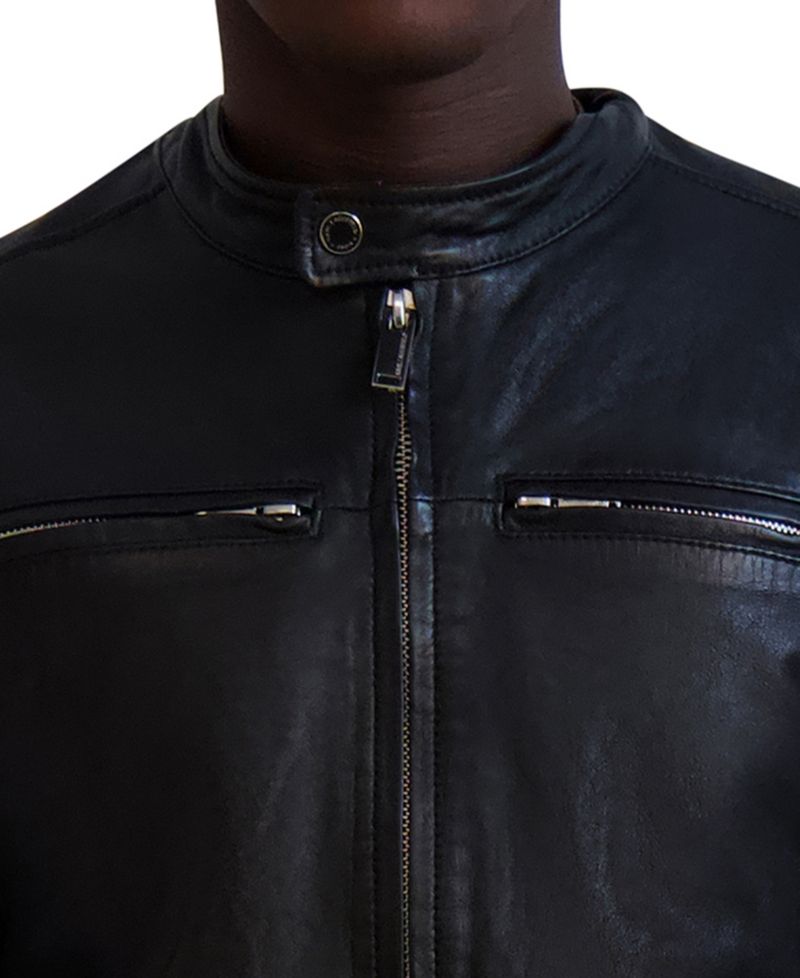 Paris Men's Band-Collar Distressed Leather Jacket