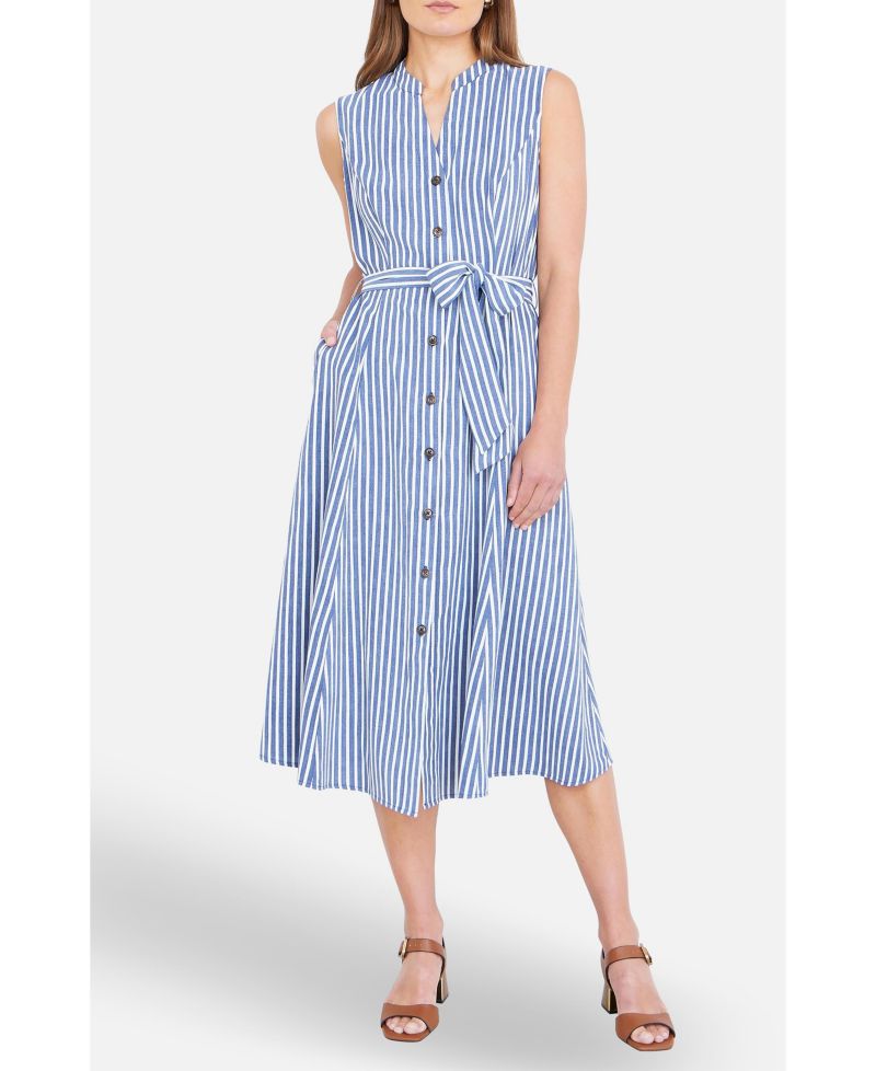 Women's Stripe Midi Sleeveless Shirt Dress