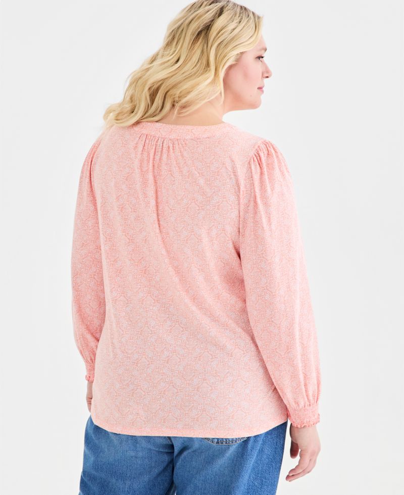 Plus Size Printed Smocked-Cuff Long-Sleeve V-Neck Top