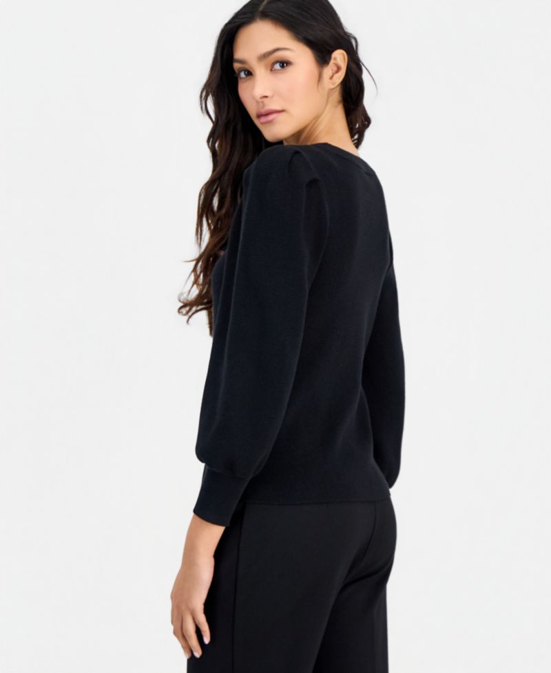 Women's Petite Puff-Sleeve Crewneck Sweater