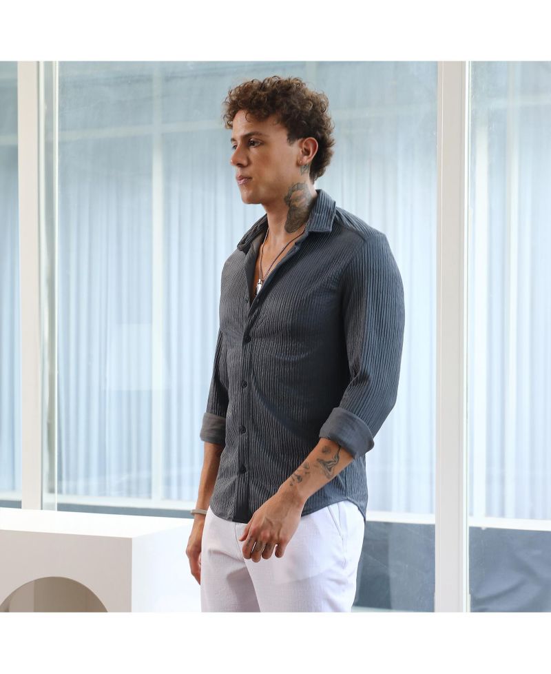 Men's Powder Grey Solid Creased Shirt