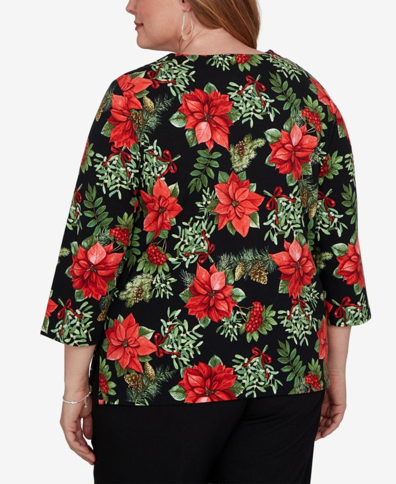 Plus Size Floral-Print 3/4-Sleeve Top