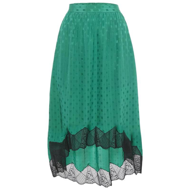 Women's Green Patterned Silk Lace Trim Joslin Midi Skirt