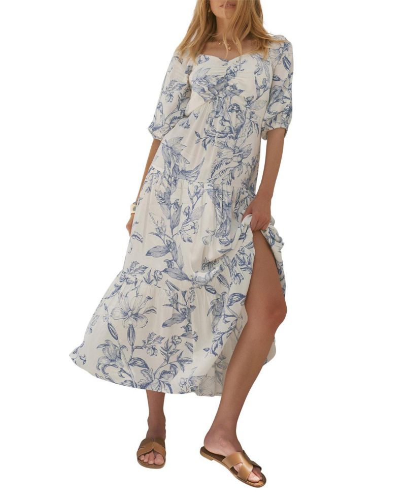 Women's Floral-Print Dropped-Waist Short-Sleeve Maxi Dress