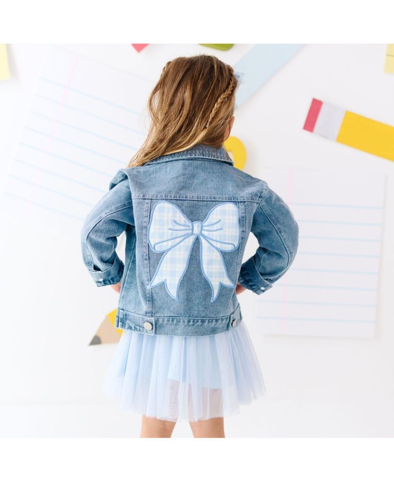 Big Girls Blue Plaid Bow Patch Denim Jacket