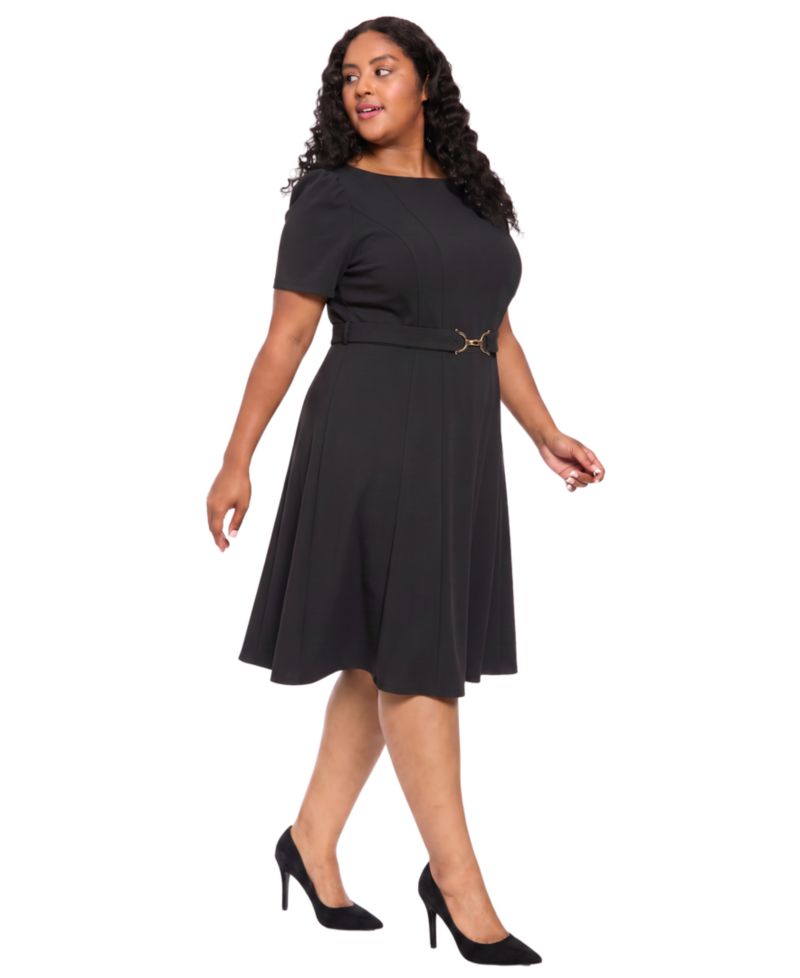 Women's Plus Size Belted Fit & Flare Boat Neck Short Sleeve Dress