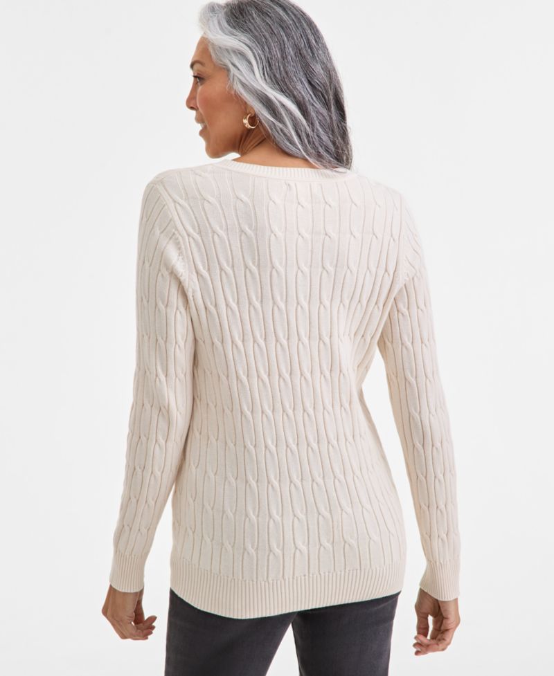 Petite Cotton Cable-Knit V-Neck Sweater