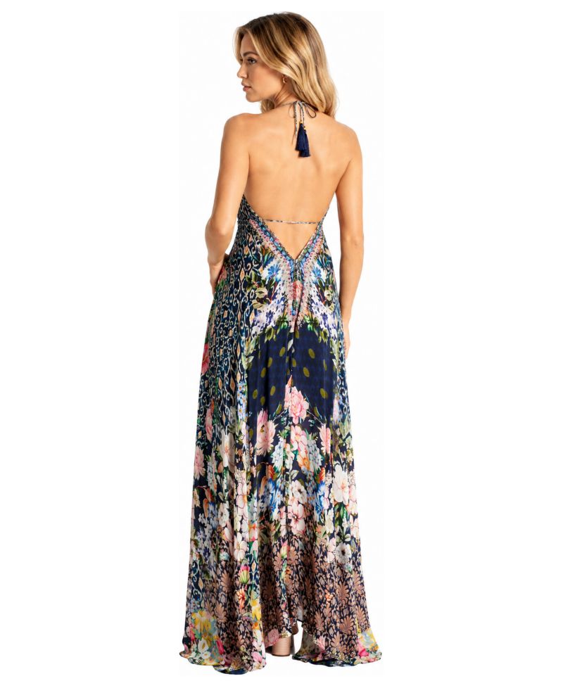 Women's Open Back Halter High-Low Maxi Dress