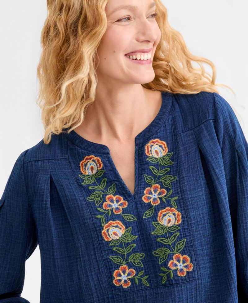 Women's Embroidered Indigo Gauze Top