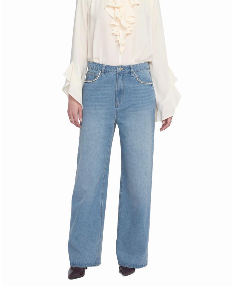 Women's Rhinestone Pocket Jean Wide-Leg Pants