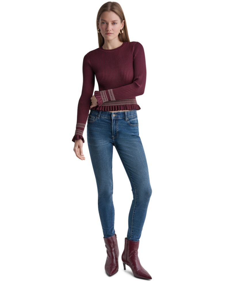 Women's Long Sleeve Crewneck Ribbed Knit Sweater