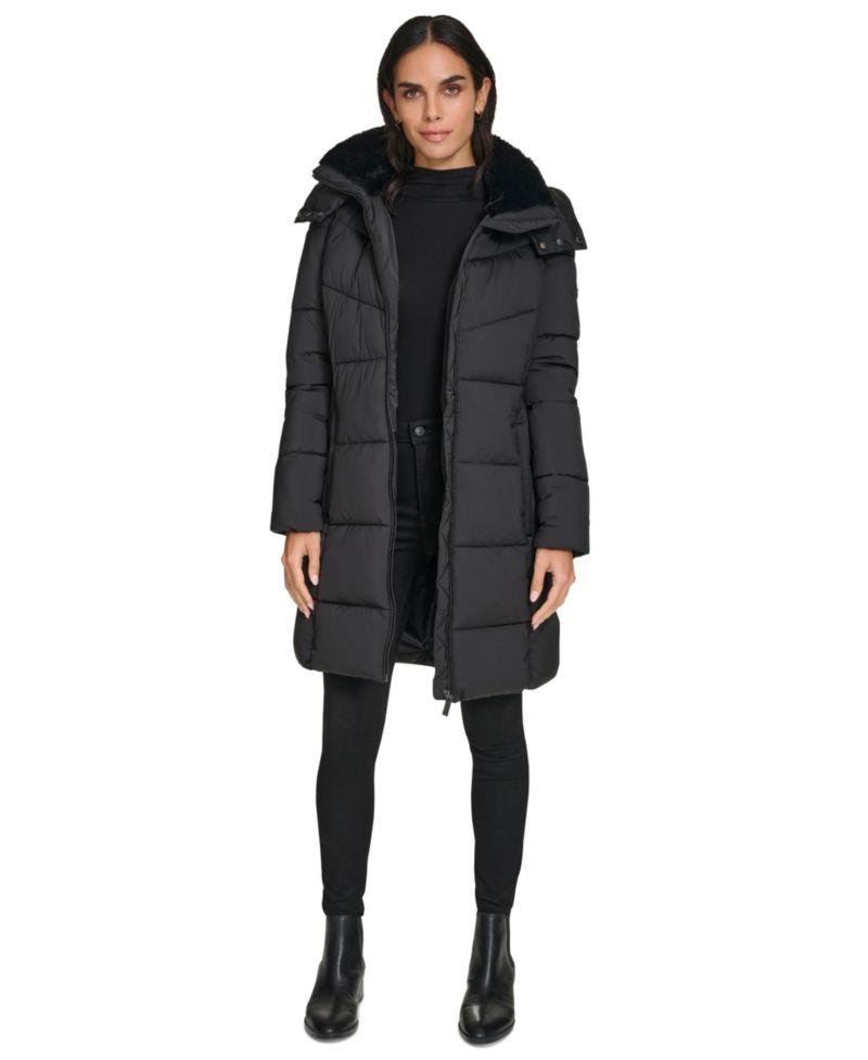 Women's Hooded Faux-Fur-Lined Midi Puffer Coat