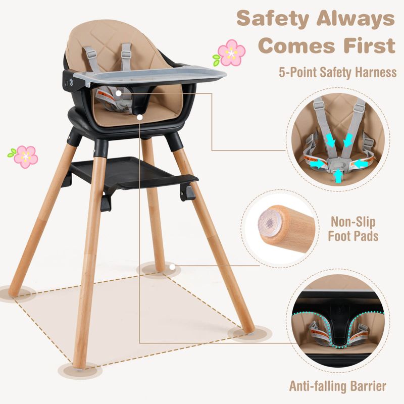 6-in-1 Convertible Wooden Baby Highchair Infant Feeding Chair with Removable Tray