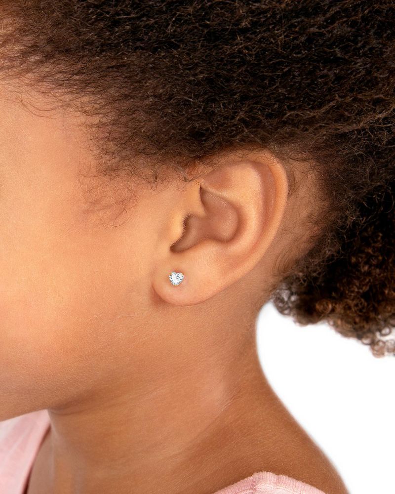 14K Gold Clear Heart Stud Screw Back Earrings