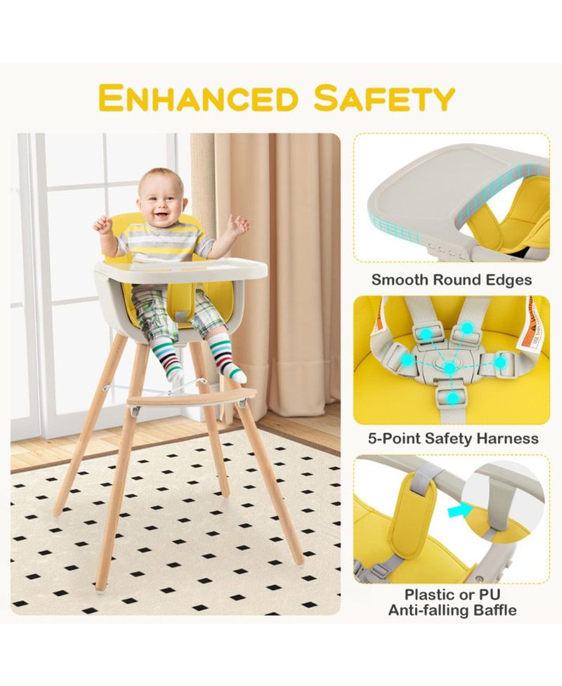 Baby 3-in-1 Convertible Wooden High Chair with Adjustable Tray and 5-Point Harness