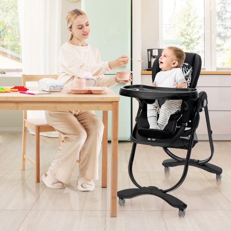 Kids Multifunctional Folding High Chair with Rolling Wheels and Adjustable Height