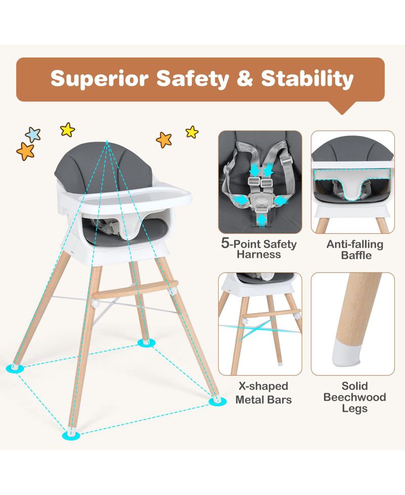 Solid Wood Baby Feeding Chair Convertible High Chair for Babies and Toddlers