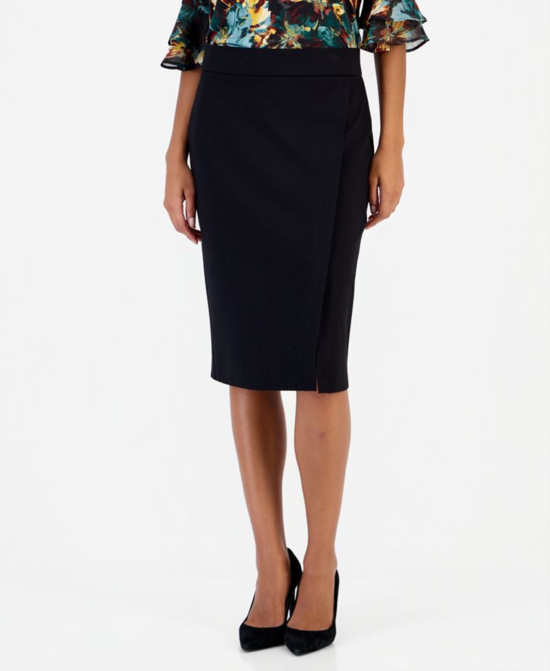 Women's High-Waisted Faux-Wrap Front-Slit Skirt