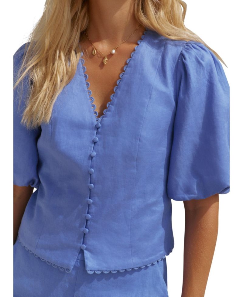 Women's V-Neck Short Puff-Sleeve Scalloped Edge Blouse