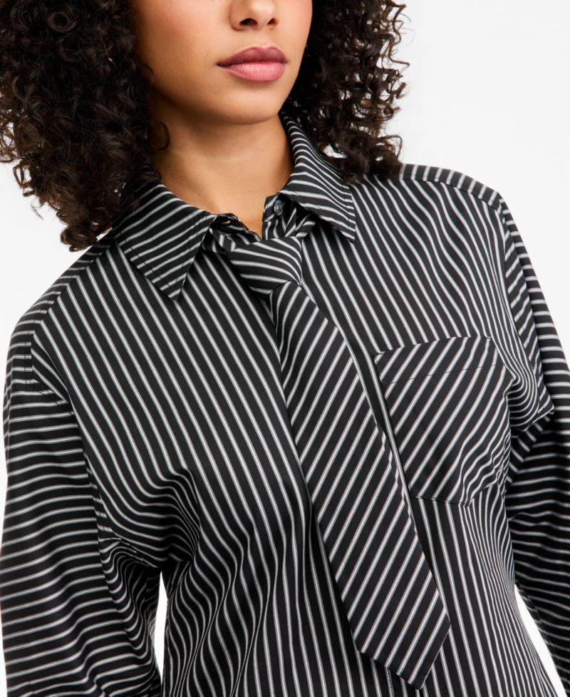 Women's Striped Tie-Neck Long-Sleeve Shirt