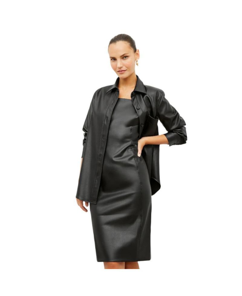 Women's Elbow Sleeves and Square Neckline Faux Leather Sheath Dress