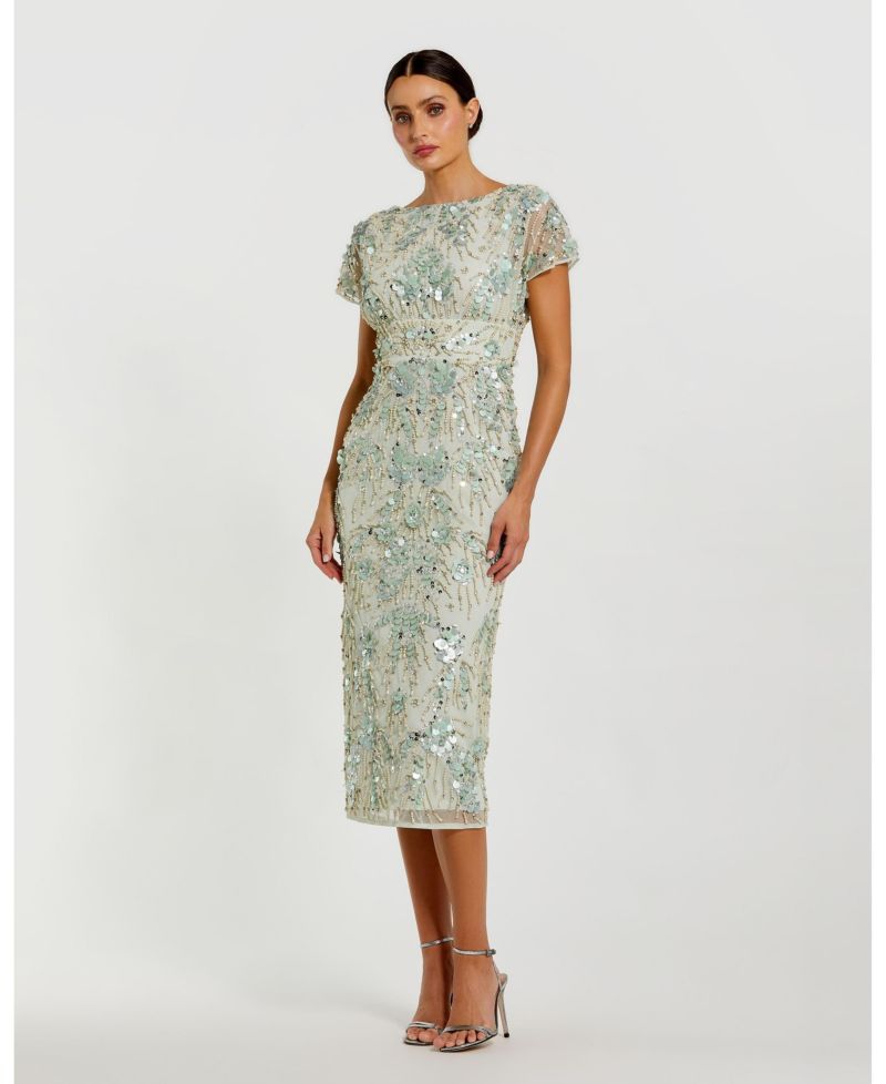 Women's Embellished Mesh Fitted Short Sleeve Midi Dress