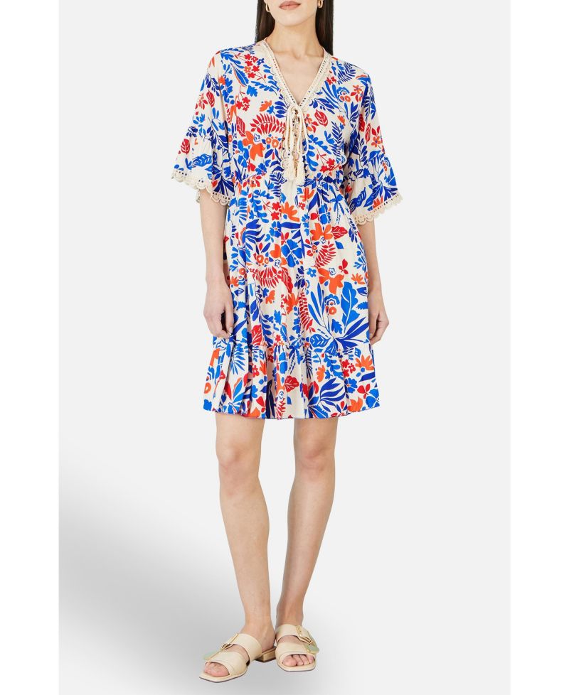 Women's Leaf Print Kimono Sleeve Tunic Dress