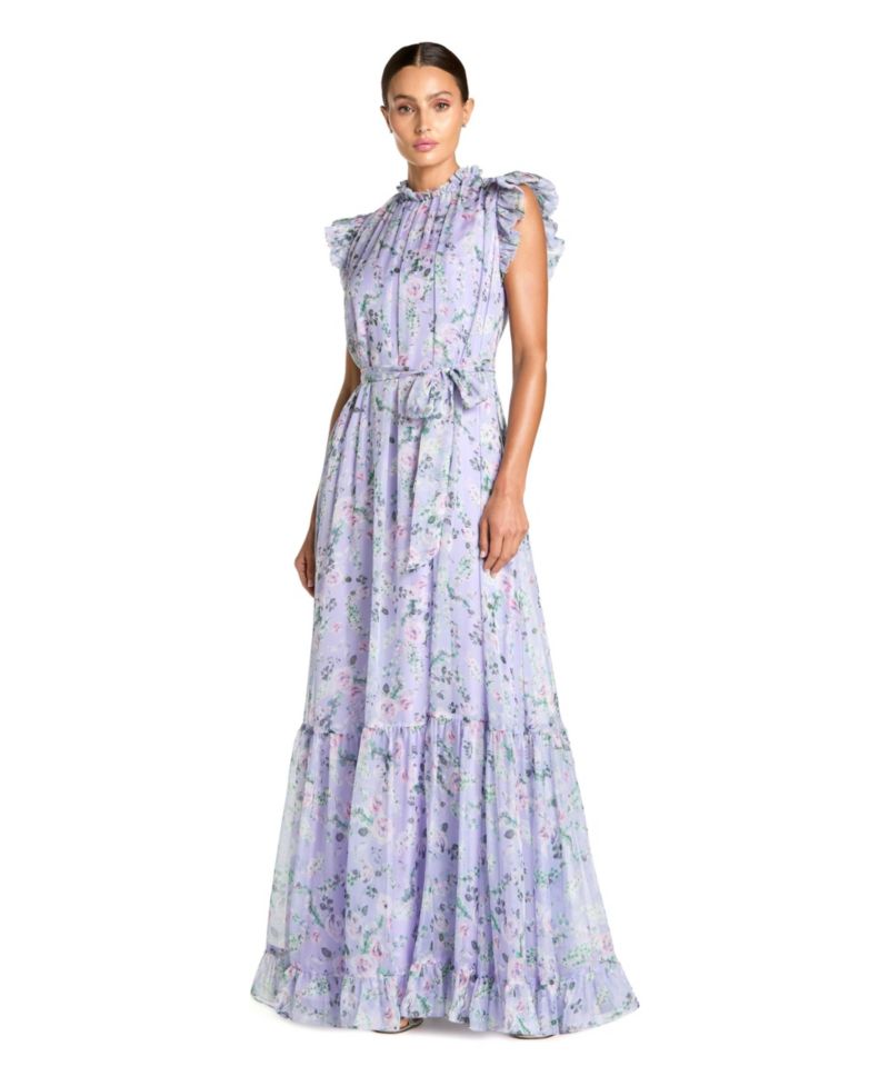 Women's Belted Floral Chiffon Ruffle Sleeve Gown