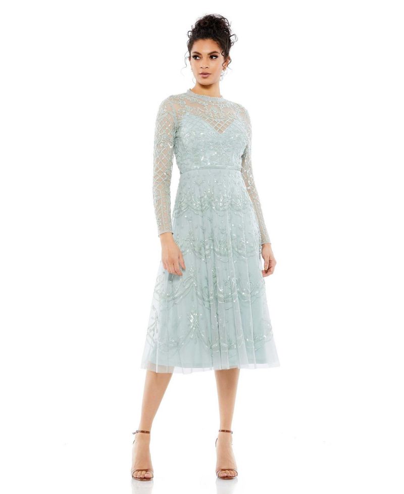 Women's Sequined Illusion High Neck Long Sleeve Midi Dress