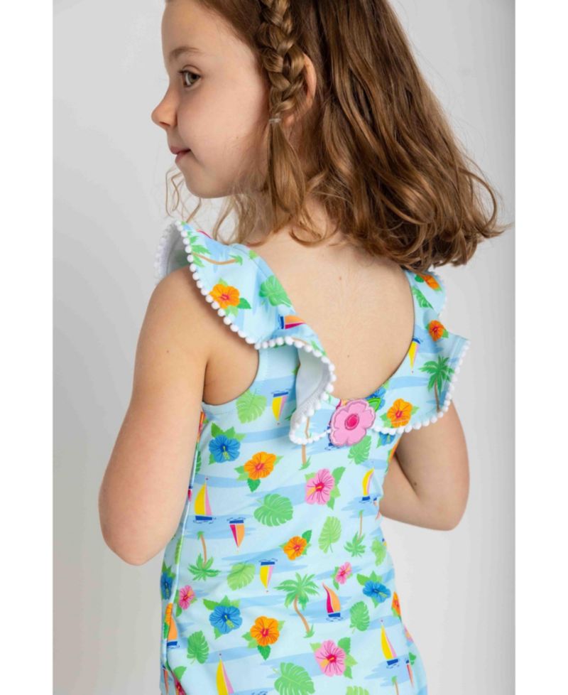 Toddler Girls Tropical Print Ruffle Neck Swimsuit