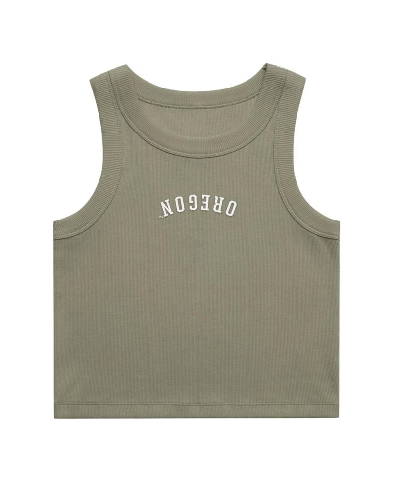 Women's Green Oregon Ducks Upside Down Embroidery Ribbed Cropped Tank Top
