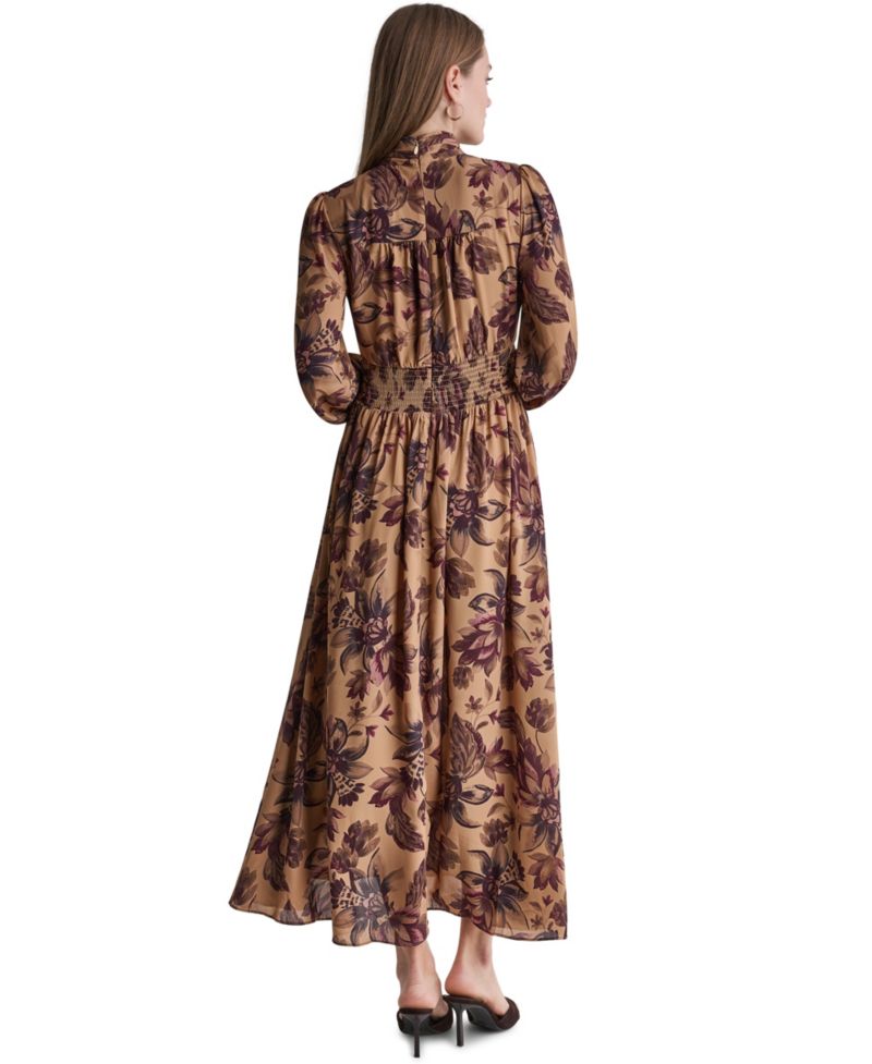 Women's Long Sleeve Floral-Print High-Neck Maxi Dress
