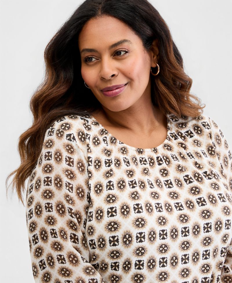 Petite Printed Chiffon-Sleeve Gathered-Neck Top